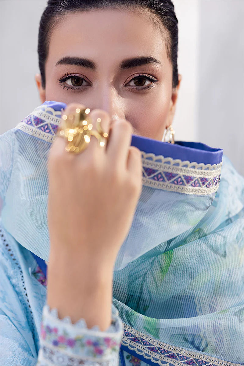 Model wearing sky blue Elara from Mushq La Toscana Casual Pret '25, Pakistani luxury pret and Pakistani clothes online in UK.