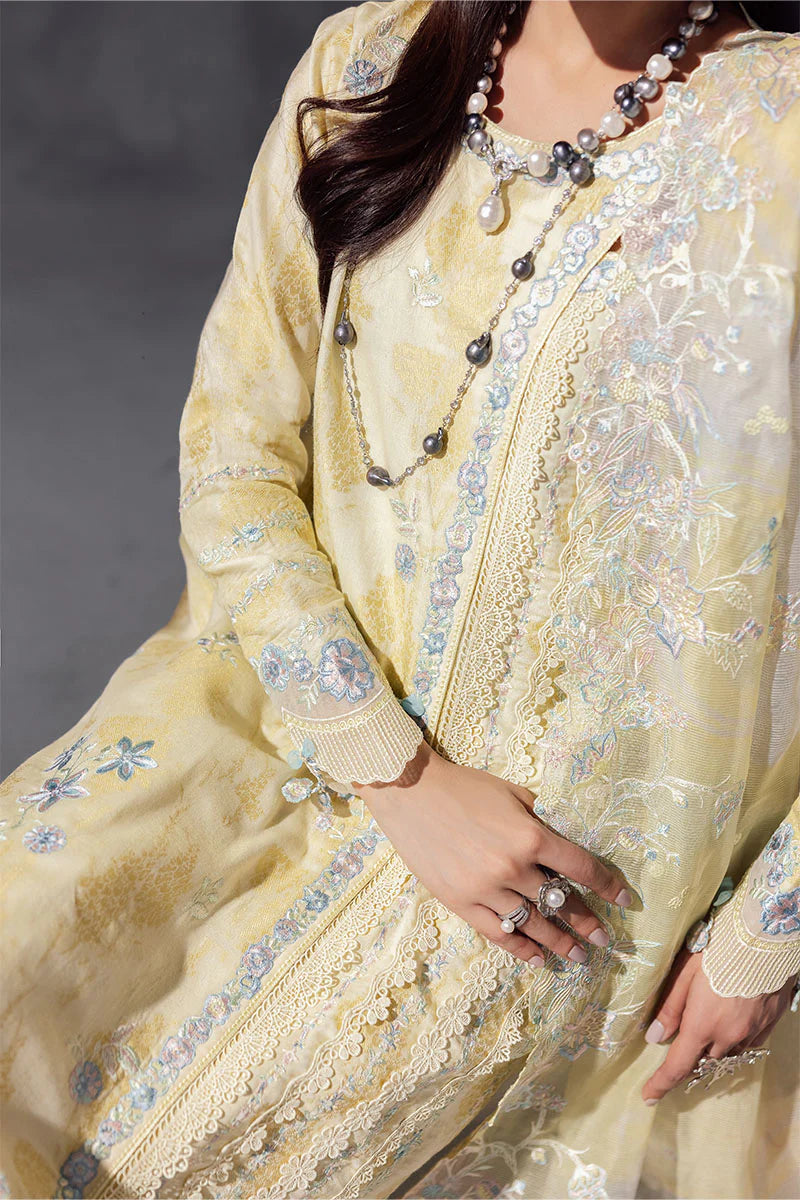 Model wearing pastel yellow Aymber from Mushq La Toscana Casual Pret '25, Pakistani luxury pret and Pakistani clothes online in UK.