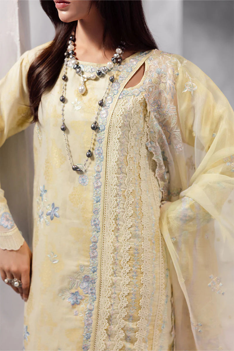 Model wearing pastel yellow Aymber from Mushq La Toscana Casual Pret '25, Pakistani luxury pret and Pakistani clothes online in UK.