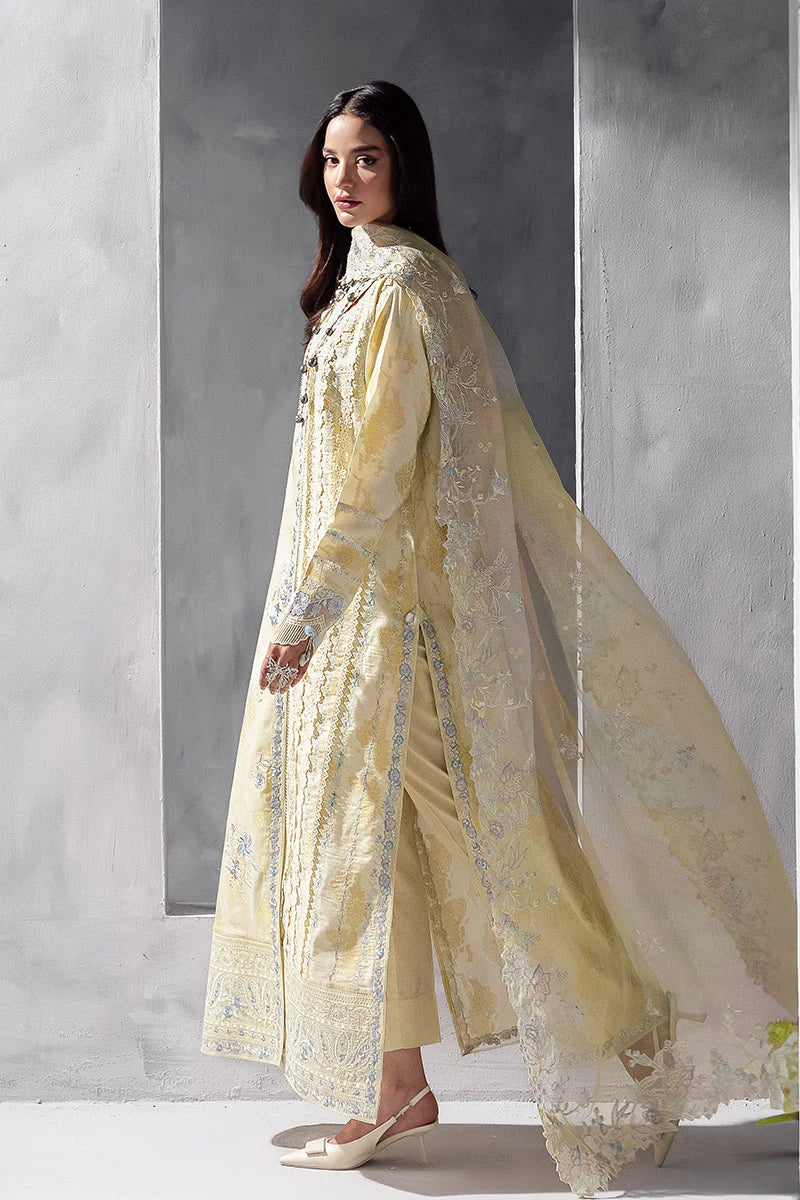 Model wearing pastel yellow Aymber from Mushq La Toscana Casual Pret '25, Pakistani luxury pret and Pakistani clothes online in UK.