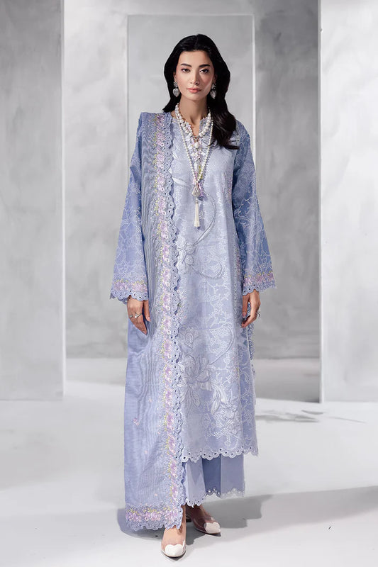 Model wearing powder blue Maysa from Mushq La Toscana Casual Pret '25, Pakistani luxury pret and Pakistani clothes online in UK.
