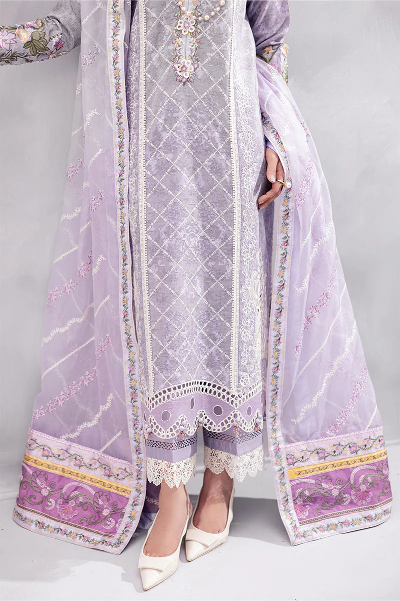 Model wearing lilac Tasbeel from Mushq La Toscana Casual Pret '25, Pakistani luxury pret and Pakistani clothes online in UK.
