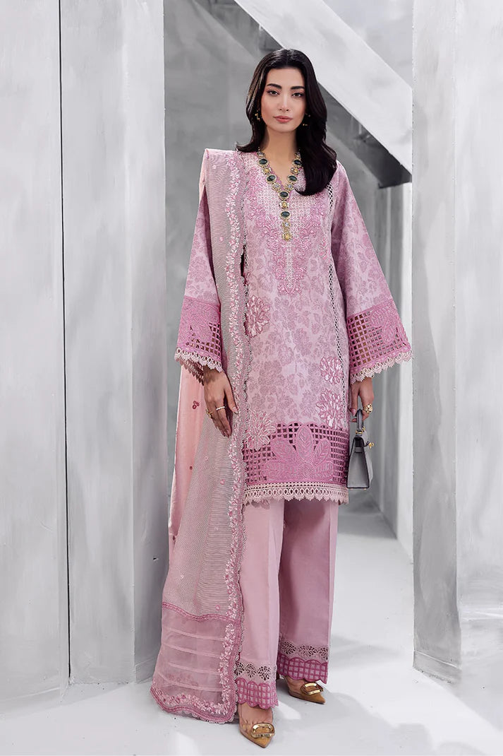 Model wearing pastel pink Amayra from Mushq La Toscana Casual Pret '25, Pakistani luxury pret and Pakistani clothes online in UK.