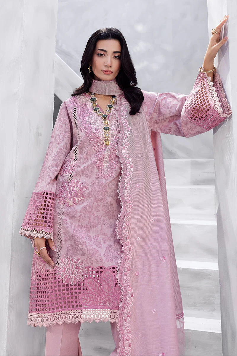 Model wearing pastel pink Amayra from Mushq La Toscana Casual Pret '25, Pakistani luxury pret and Pakistani clothes online in UK.