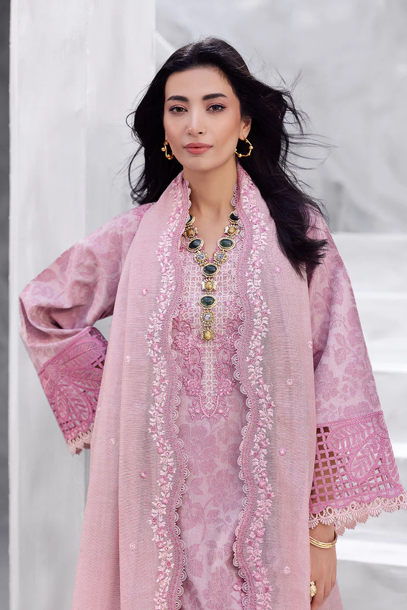 Model wearing pastel pink Amayra from Mushq La Toscana Casual Pret '25, Pakistani luxury pret and Pakistani clothes online in UK.