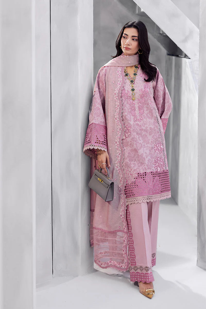 Model wearing pastel pink Amayra from Mushq La Toscana Casual Pret '25, Pakistani luxury pret and Pakistani clothes online in UK.