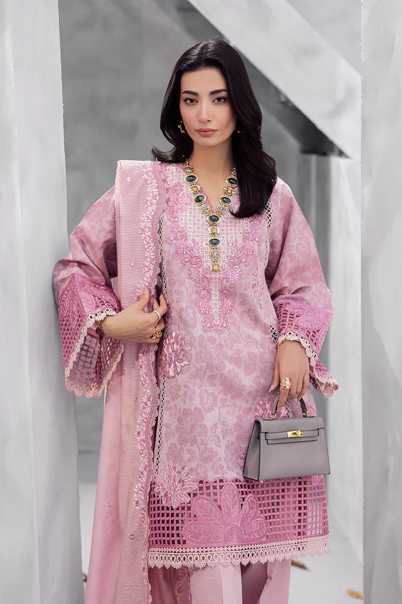 Model wearing pastel pink Amayra from Mushq La Toscana Casual Pret '25, Pakistani luxury pret and Pakistani clothes online in UK.