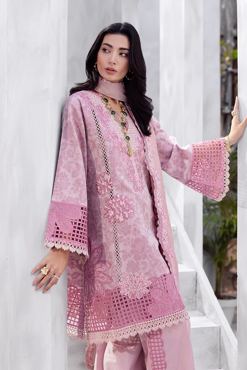 Model wearing pastel pink Amayra from Mushq La Toscana Casual Pret '25, Pakistani luxury pret and Pakistani clothes online in UK.