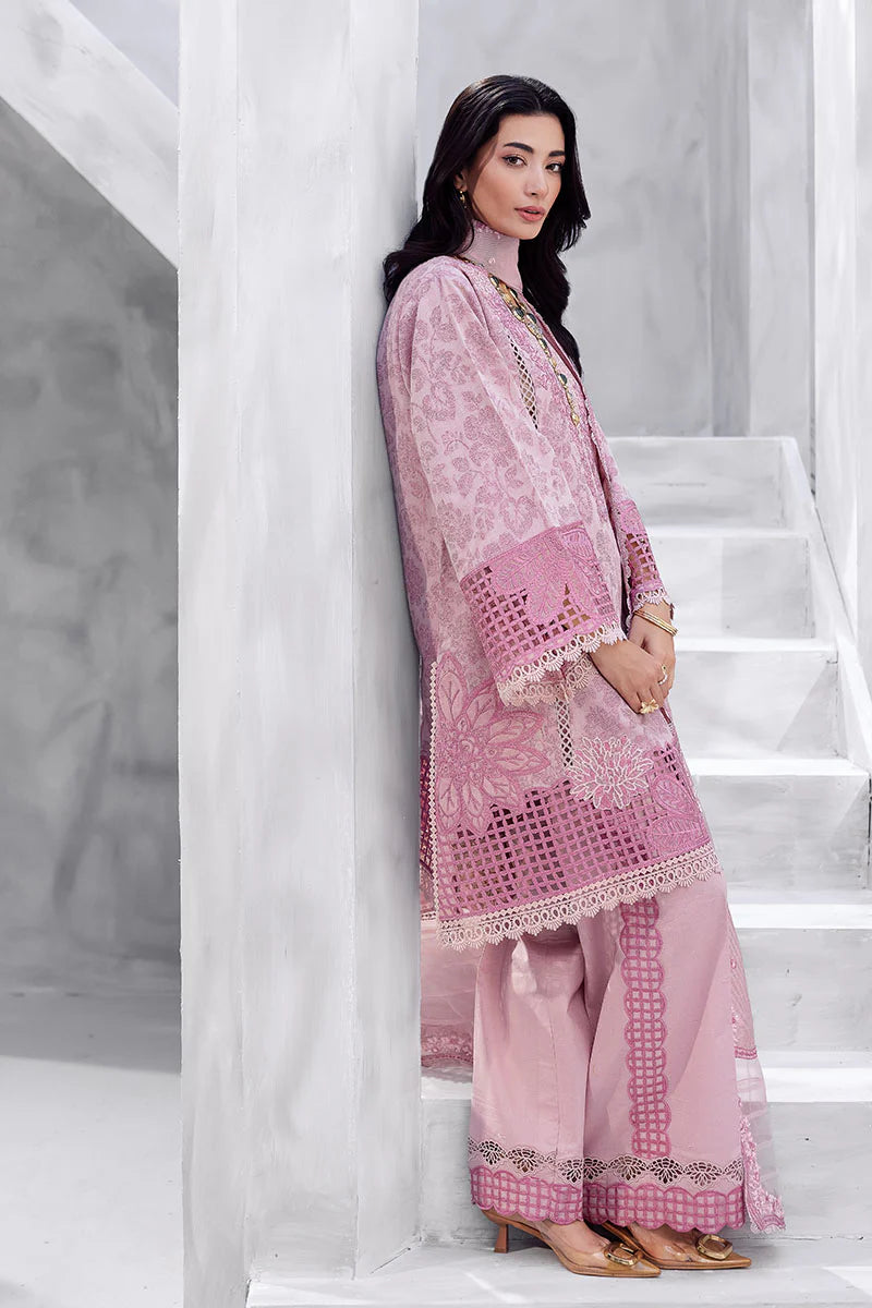Model wearing pastel pink Amayra from Mushq La Toscana Casual Pret '25, Pakistani luxury pret and Pakistani clothes online in UK.