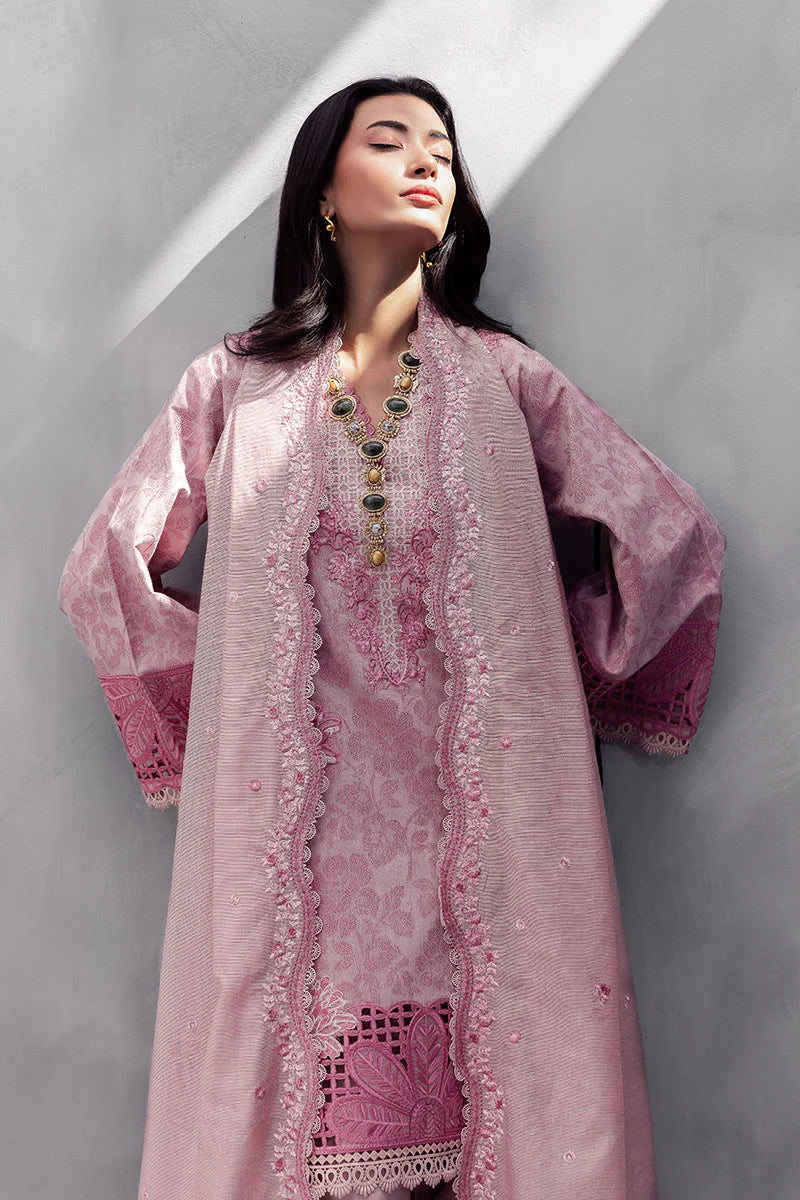 Model wearing pastel pink Amayra from Mushq La Toscana Casual Pret '25, Pakistani luxury pret and Pakistani clothes online in UK.