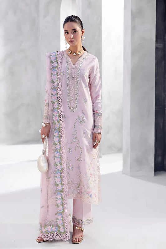 Model wearing soft pink Waliya from Mushq La Toscana Casual Pret '25, Pakistani luxury pret and Pakistani clothes online in UK.