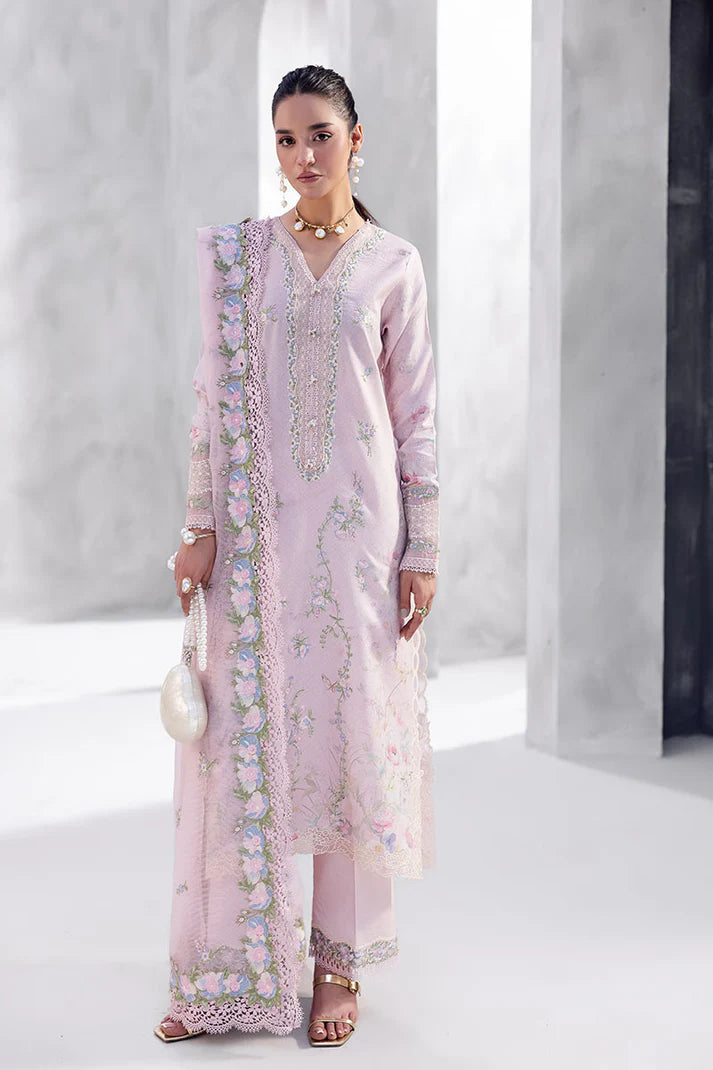 Model wearing soft pink Waliya from Mushq La Toscana Casual Pret '25, Pakistani luxury pret and Pakistani clothes online in UK.