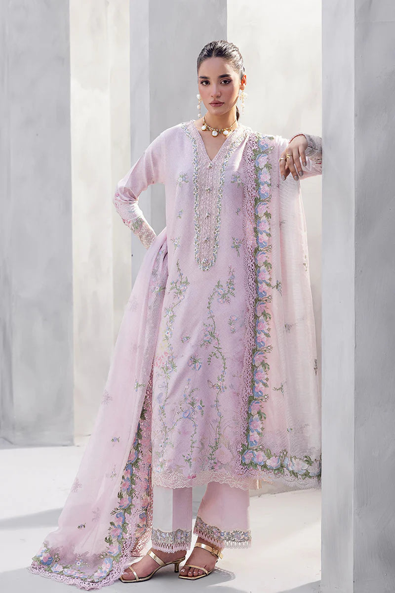 Model wearing soft pink Waliya from Mushq La Toscana Casual Pret '25, Pakistani luxury pret and Pakistani clothes online in UK.