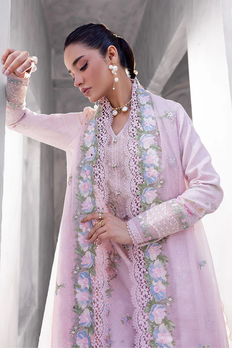 Model wearing soft pink Waliya from Mushq La Toscana Casual Pret '25, Pakistani luxury pret and Pakistani clothes online in UK.