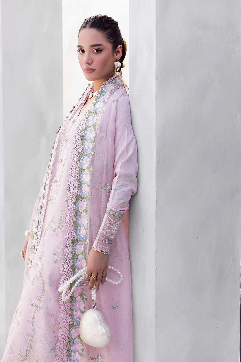 Model wearing soft pink Waliya from Mushq La Toscana Casual Pret '25, Pakistani luxury pret and Pakistani clothes online in UK.