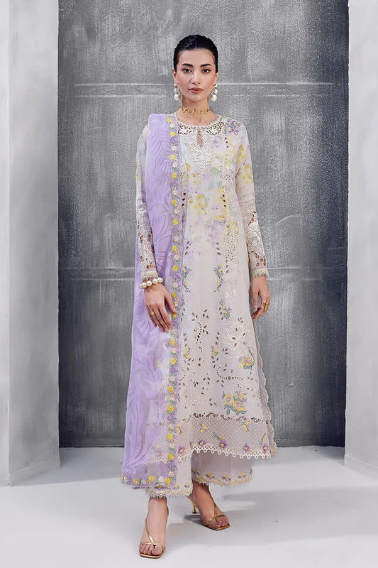 Model wearing soft lilac Ayreen from Mushq La Toscana Casual Pret '25, Pakistani luxury pret and Pakistani clothes online in UK.