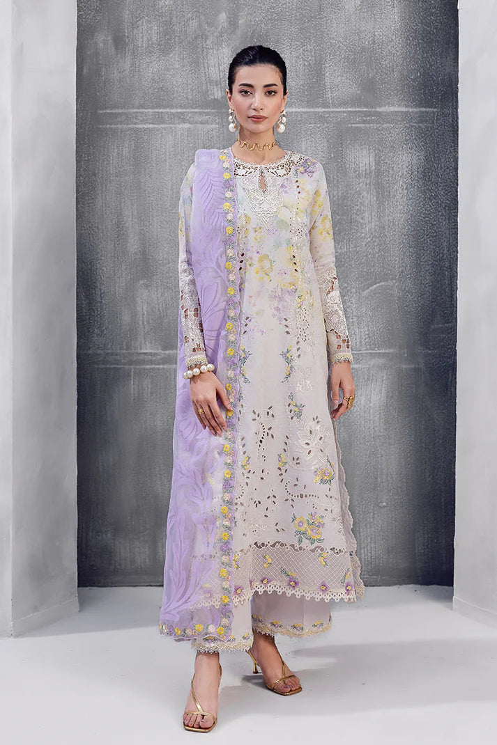 Model wearing soft lilac Ayreen from Mushq La Toscana Casual Pret '25, Pakistani luxury pret and Pakistani clothes online in UK.