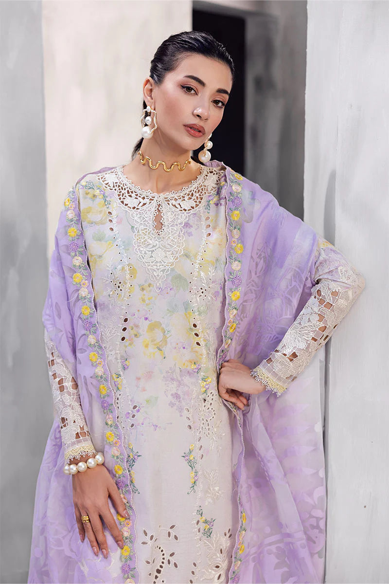 Model wearing soft lilac Ayreen from Mushq La Toscana Casual Pret '25, Pakistani luxury pret and Pakistani clothes online in UK.