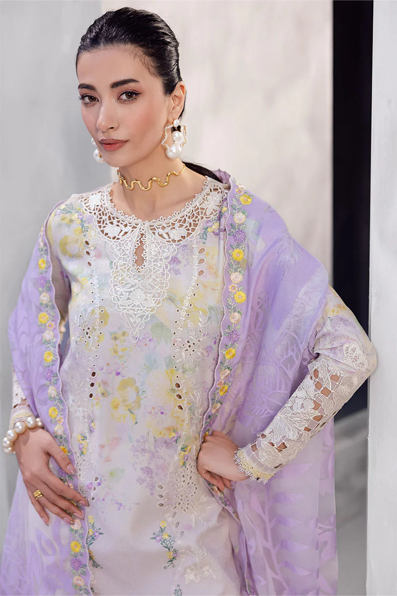 Model wearing soft lilac Ayreen from Mushq La Toscana Casual Pret '25, Pakistani luxury pret and Pakistani clothes online in UK.