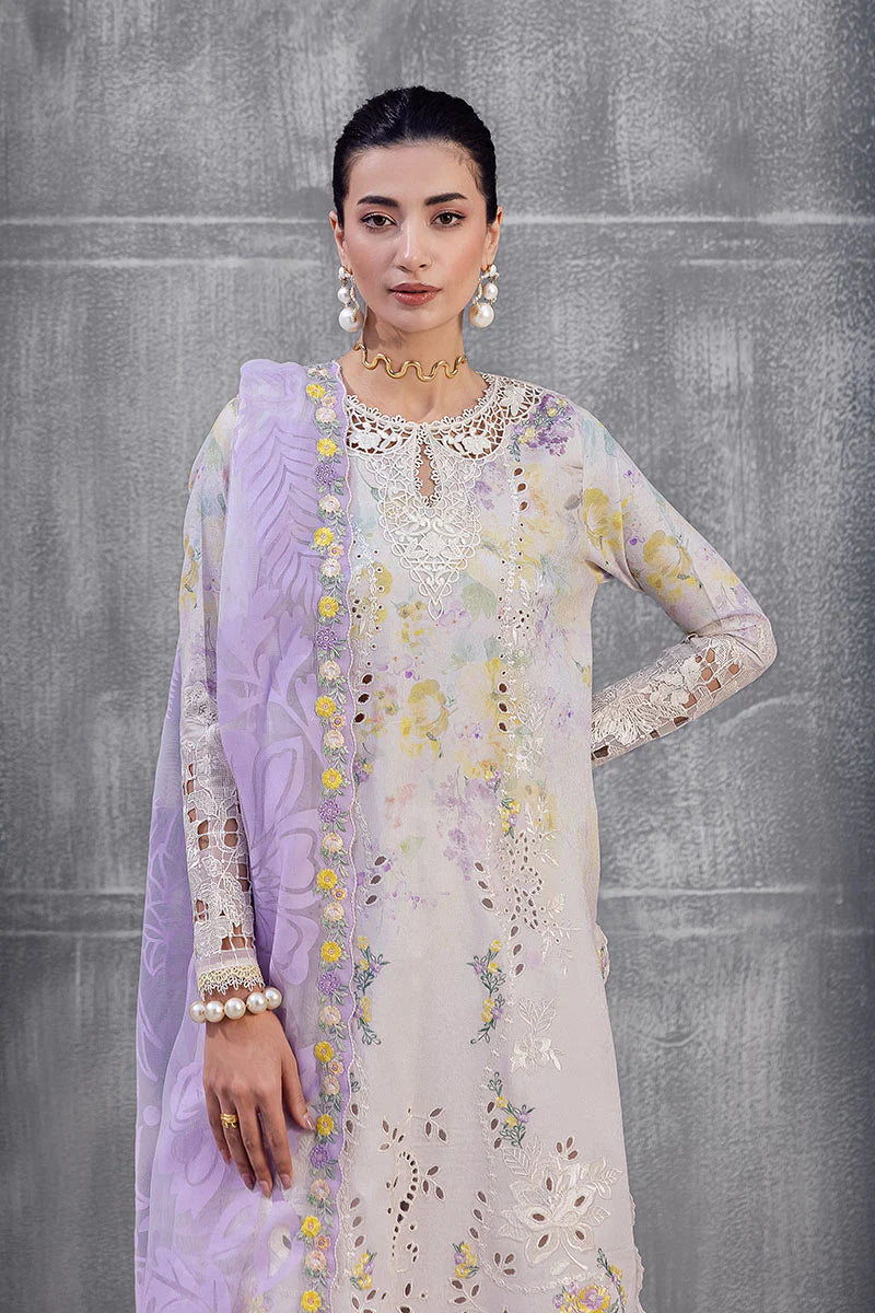 Model wearing soft lilac Ayreen from Mushq La Toscana Casual Pret '25, Pakistani luxury pret and Pakistani clothes online in UK.