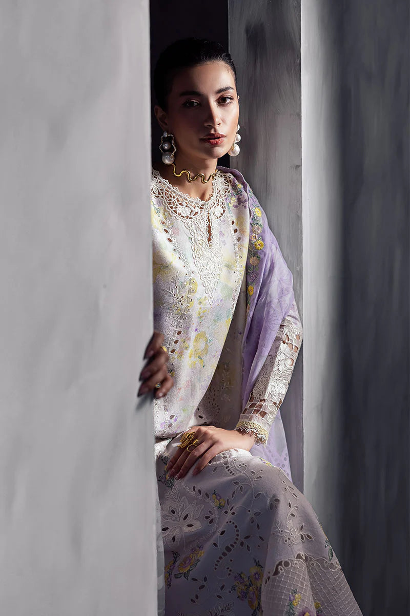 Model wearing soft lilac Ayreen from Mushq La Toscana Casual Pret '25, Pakistani luxury pret and Pakistani clothes online in UK.