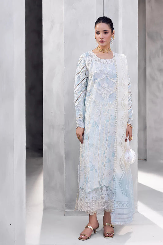 Model wearing ice blue Ayzel from Mushq La Toscana Casual Pret '25, Pakistani luxury pret and Pakistani clothes online in UK.