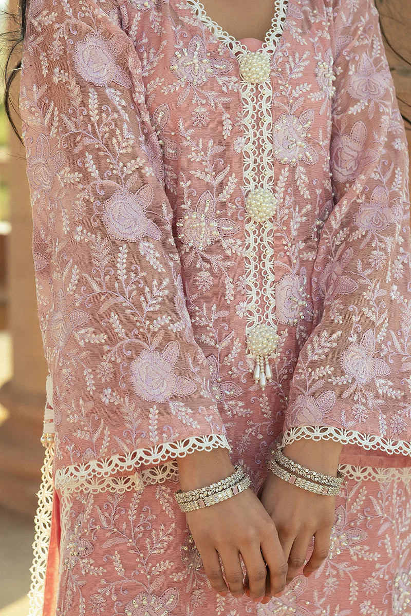 Model wearing Mushq Saugaat City of Lights Areej in soft pink with delicate embroidery and embellishments. Shop Pakistani luxury pret online in the UK.