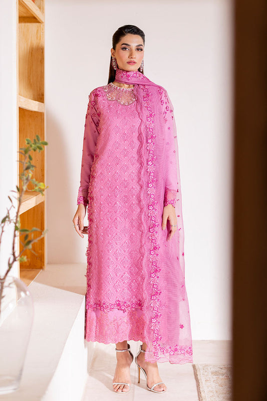 Model wearing blush pink embroidered Reyna outfit from Mushq, ideal for Pakistani luxury pret and Pakistani clothes online in UK.