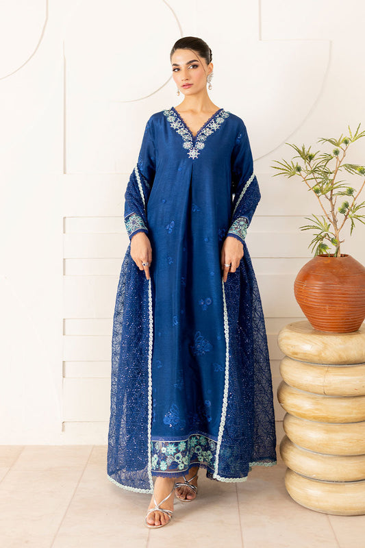 Model wearing deep navy blue embroidered Kayra dress from Mushq, ideal for Pakistani luxury pret and Pakistani clothes online in UK.
