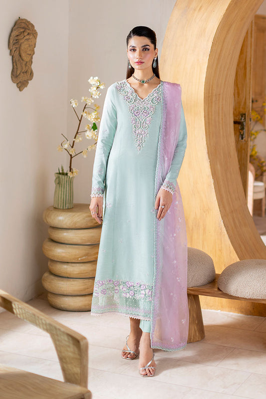 Model wearing mint green and lilac embroidered outfit Solstice from Mushq, showcasing Pakistani luxury pret and clothes online in UK.
