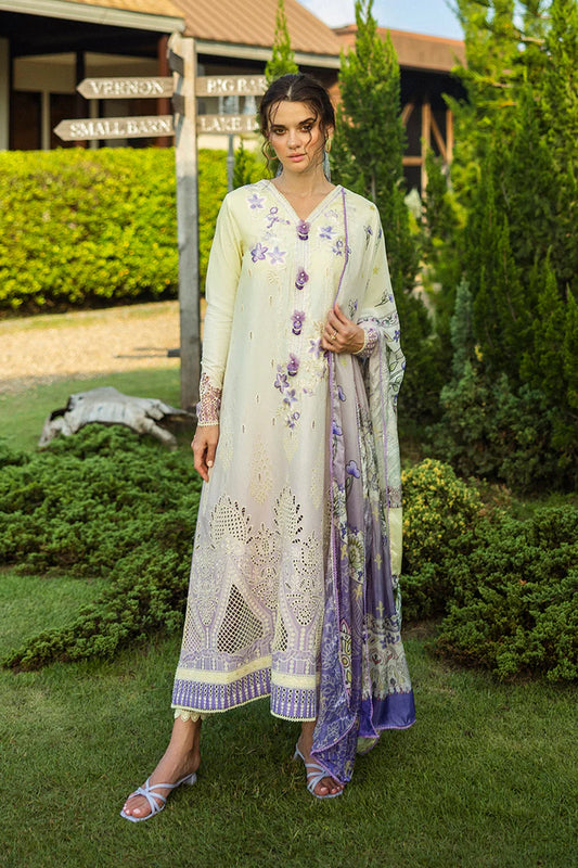 Model wearing ivory and lavender Gioia dress from Mushq Solace Ombre Chikankari, Pakistani Luxury pret, Sana Safinaz look, Pakistani clothes online in UK.
