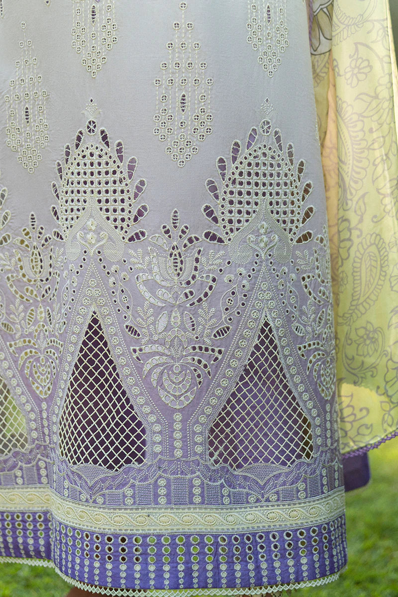 Model wearing ivory and lavender Gioia dress from Mushq Solace Ombre Chikankari, Pakistani Luxury pret, Sana Safinaz look, Pakistani clothes online in UK.