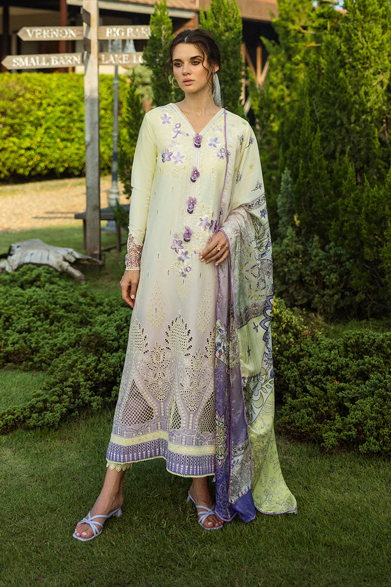 Model wearing ivory and lavender Gioia dress from Mushq Solace Ombre Chikankari, Pakistani Luxury pret, Sana Safinaz look, Pakistani clothes online in UK.