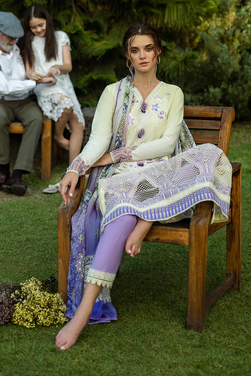 Model wearing ivory and lavender Gioia dress from Mushq Solace Ombre Chikankari, Pakistani Luxury pret, Sana Safinaz look, Pakistani clothes online in UK.