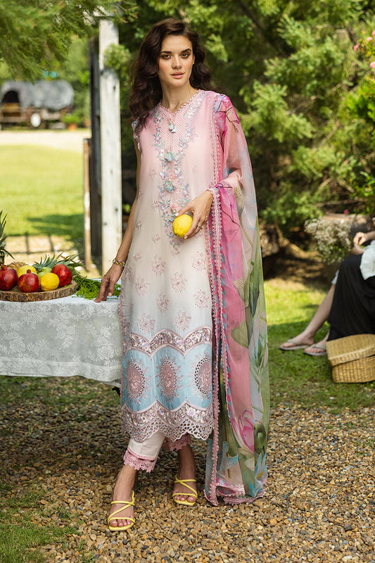 Model wearing pastel pink and sky blue Sorriso dress from Mushq Solace Ombre Chikankari, Pakistani Luxury pret, Pakistani clothes online in UK.