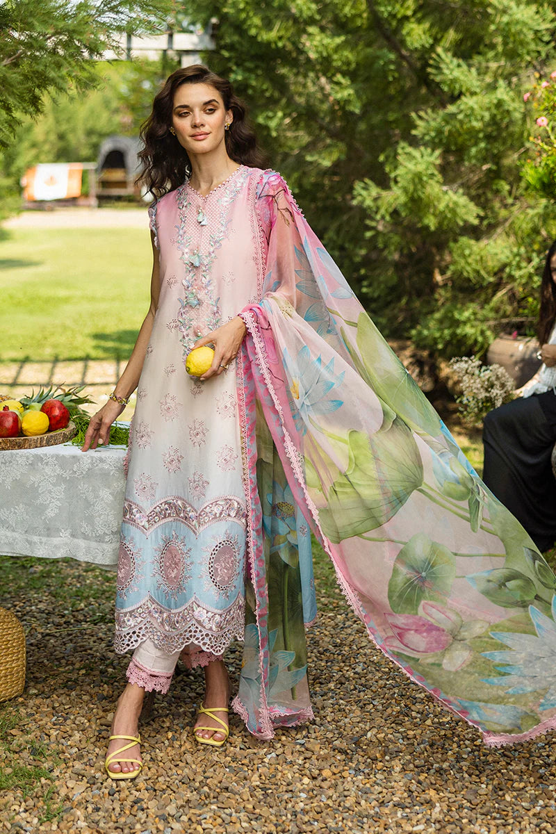 Model wearing pastel pink and sky blue Sorriso dress from Mushq Solace Ombre Chikankari, Pakistani Luxury pret, Pakistani clothes online in UK.