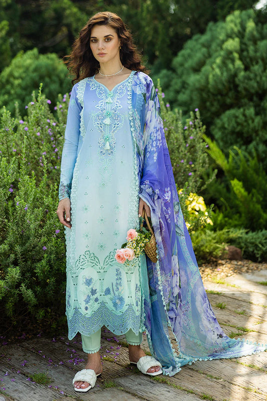 Model wearing ombre mint and blue Fiducia dress from Mushq Solace Ombre Chikankari, Pakistani Luxury pret, Pakistani clothes online in UK.