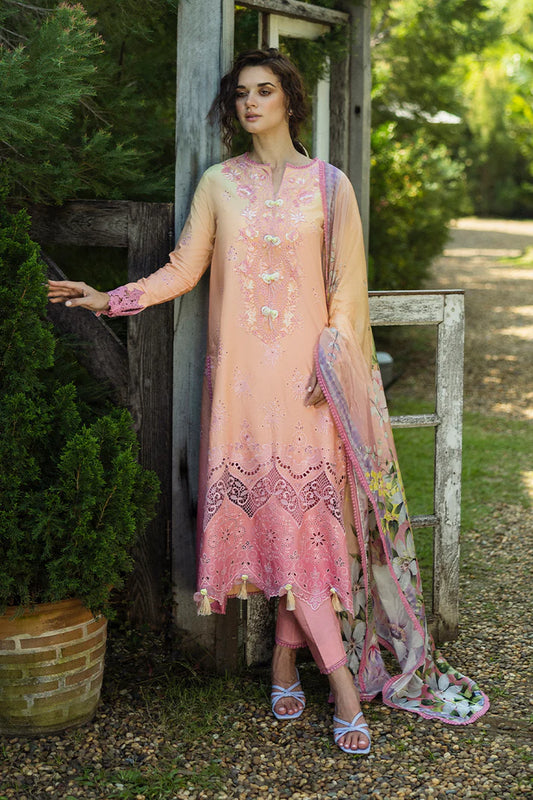 Model wearing peach and pink Risate dress from Mushq Solace Ombre Chikankari, Pakistani Luxury pret, Pakistani clothes online in UK.