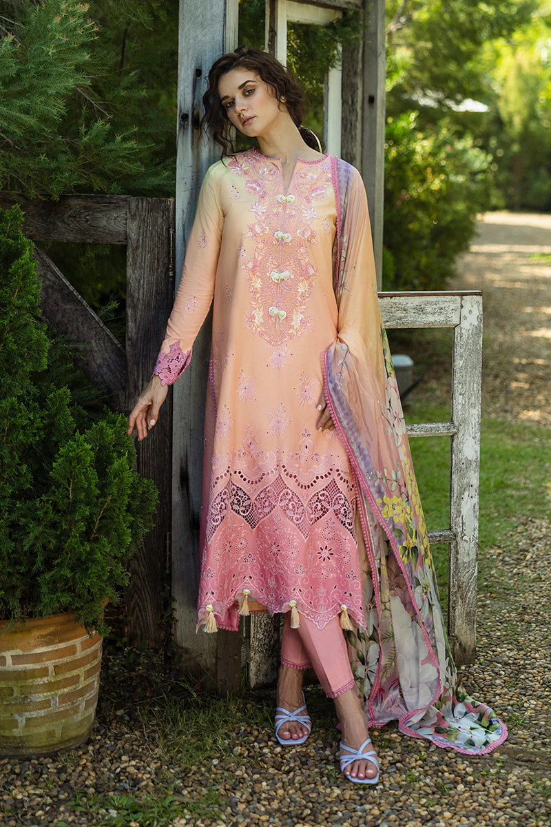 Model wearing peach and pink Risate dress from Mushq Solace Ombre Chikankari, Pakistani Luxury pret, Pakistani clothes online in UK.