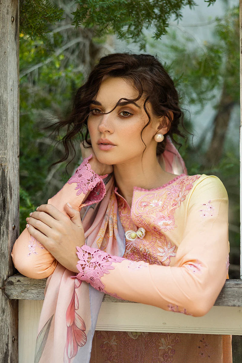 Model wearing peach and pink Risate dress from Mushq Solace Ombre Chikankari, Pakistani Luxury pret, Pakistani clothes online in UK.