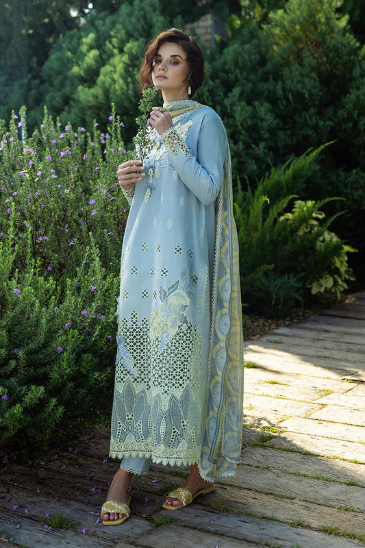Model wearing powder blue Intesa dress from Mushq Solace Ombre Chikankari, Pakistani Luxury pret, Sana Safinaz style, Pakistani clothes online in UK.