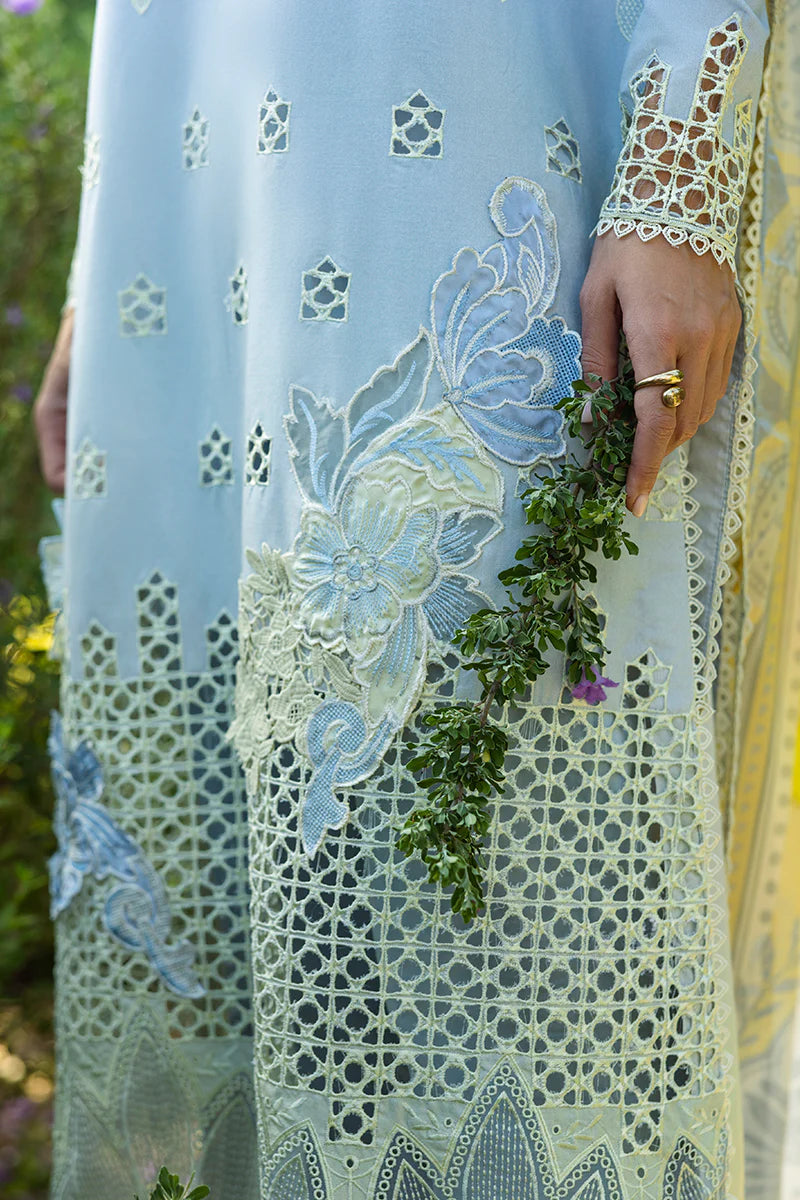 Model wearing powder blue Intesa dress from Mushq Solace Ombre Chikankari, Pakistani Luxury pret, Sana Safinaz style, Pakistani clothes online in UK.