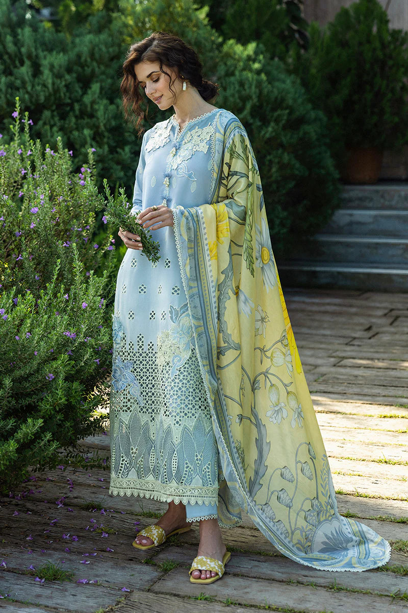Model wearing powder blue Intesa dress from Mushq Solace Ombre Chikankari, Pakistani Luxury pret, Sana Safinaz style, Pakistani clothes online in UK.