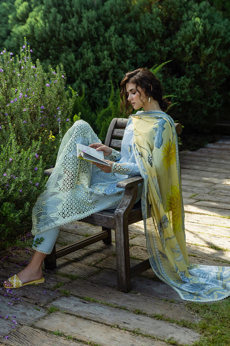 Model wearing powder blue Intesa dress from Mushq Solace Ombre Chikankari, Pakistani Luxury pret, Sana Safinaz style, Pakistani clothes online in UK.