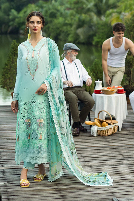 Model wearing mint green Famiglia dress from Mushq Solace Ombre Chikankari, Pakistani Luxury pret, Sana Safinaz inspired, Pakistani clothes online in UK.