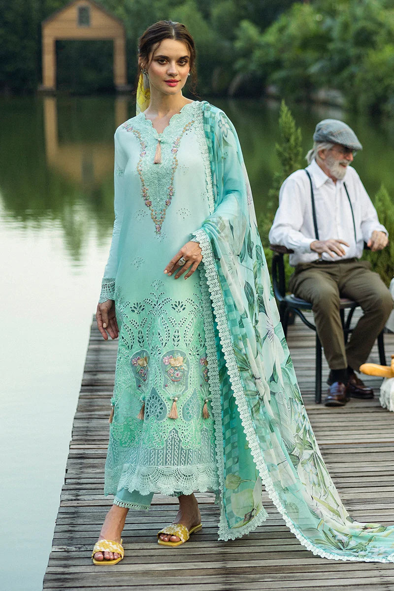 Model wearing mint green Famiglia dress from Mushq Solace Ombre Chikankari, Pakistani Luxury pret, Sana Safinaz inspired, Pakistani clothes online in UK.