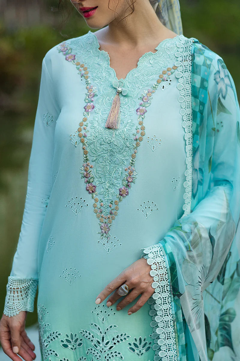 Model wearing mint green Famiglia dress from Mushq Solace Ombre Chikankari, Pakistani Luxury pret, Sana Safinaz inspired, Pakistani clothes online in UK.