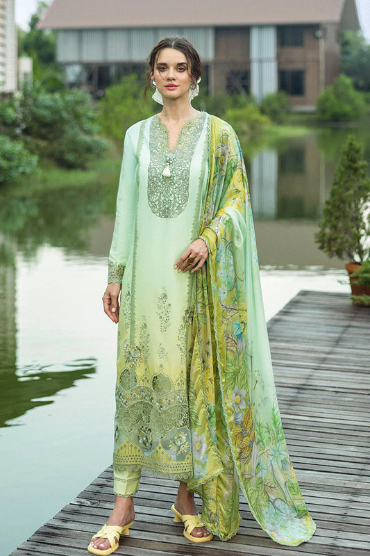 Model wearing ombre mint and yellow Unione dress from Mushq Solace Ombre Chikankari, Pakistani Luxury pret, Pakistani clothes online in UK.