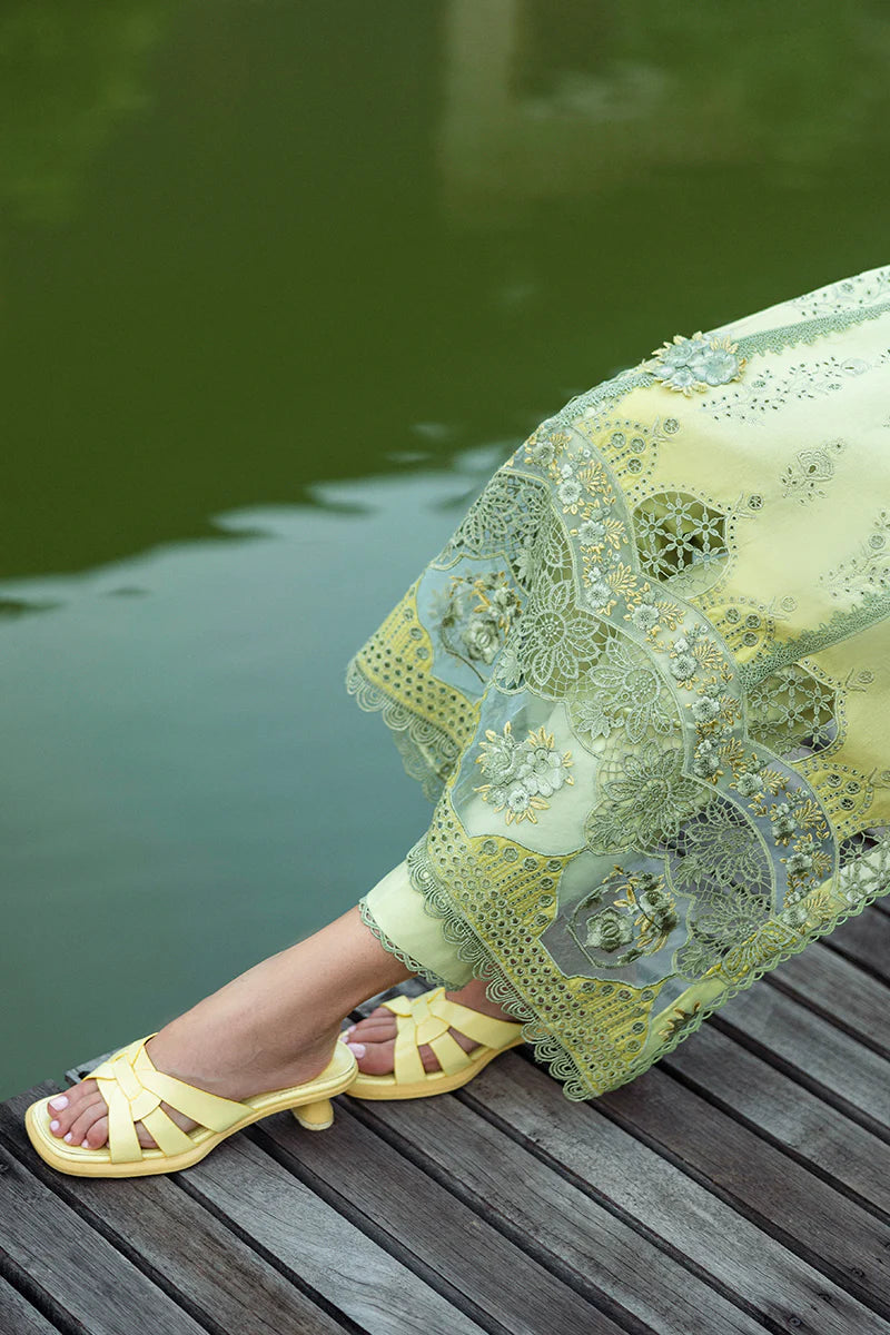 Model wearing ombre mint and yellow Unione dress from Mushq Solace Ombre Chikankari, Pakistani Luxury pret, Pakistani clothes online in UK.