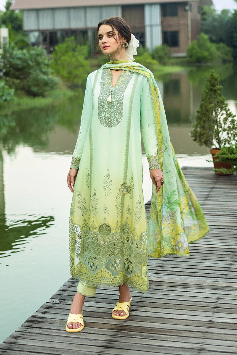 Model wearing ombre mint and yellow Unione dress from Mushq Solace Ombre Chikankari, Pakistani Luxury pret, Pakistani clothes online in UK.